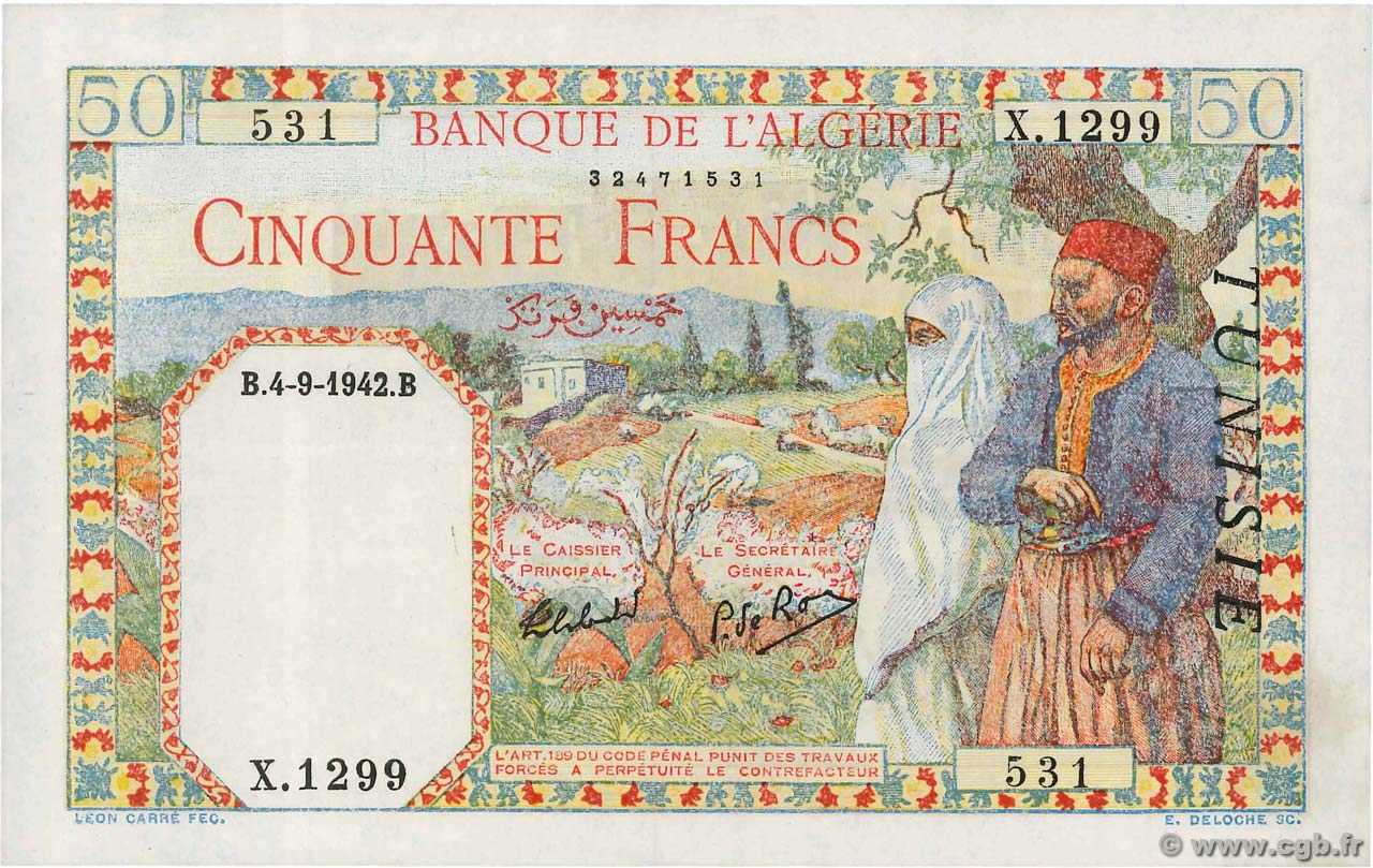 50 Francs TUNESIEN  1942 P.12b fST