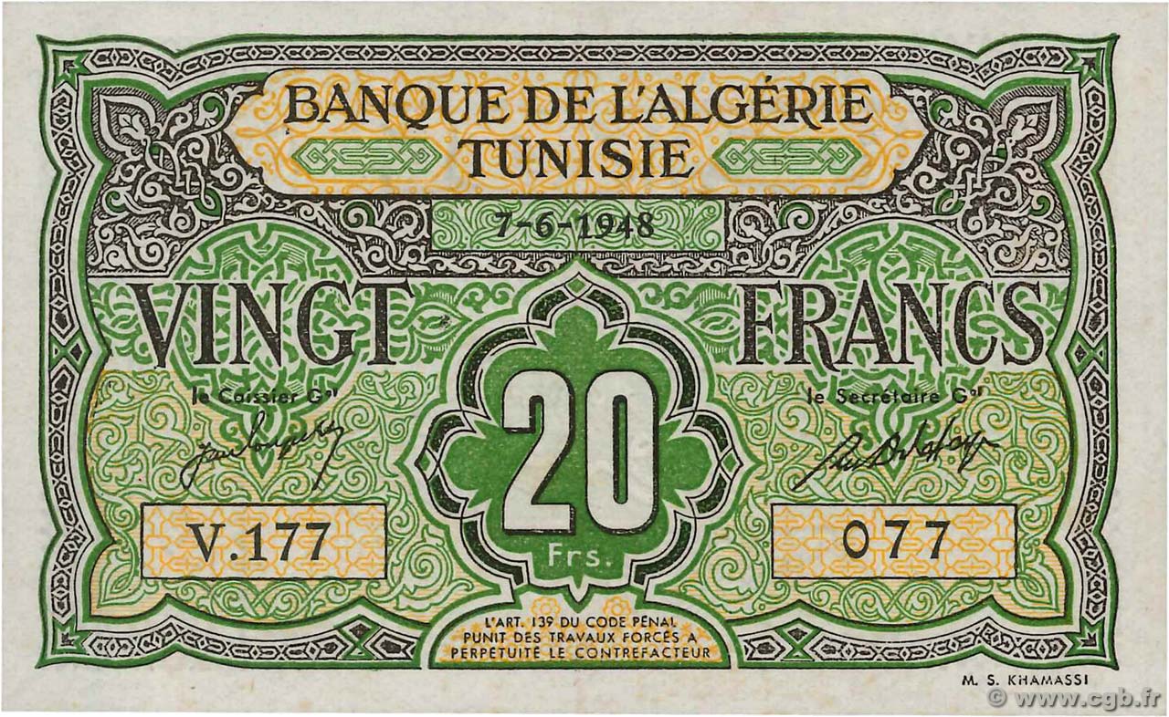20 Francs TUNESIEN  1948 P.22 fST+