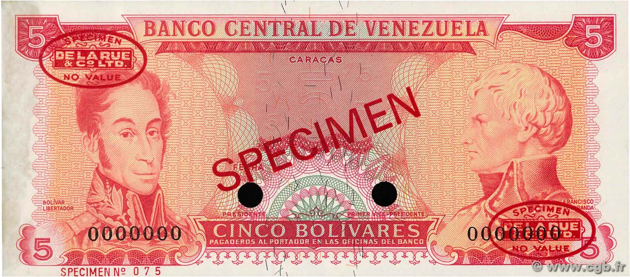 5 Bolivares Spécimen VENEZUELA  1989 P.070as SPL