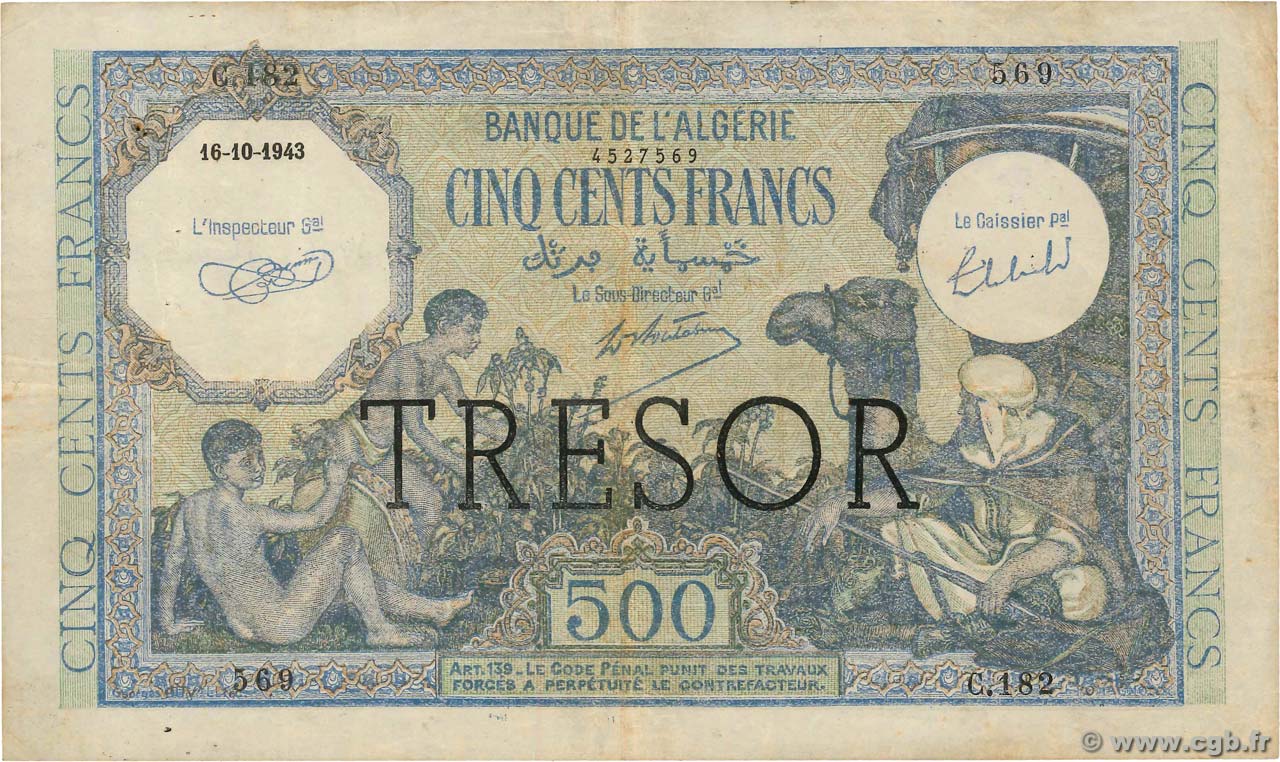 500 Francs ALGÉRIE  FRANCE  1943 VF.09.01 F+