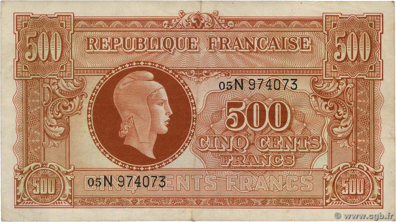 500 Francs MARIANNE FRANCE  1945 VF.11.03 TTB