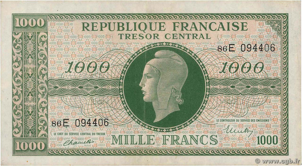 1000 Francs MARIANNE chiffres maigres  FRANCE  1945 VF.13.02 VF+