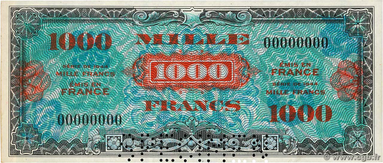 1000 Francs DRAPEAU Spécimen FRANCE  1944 VF.22.00Sp UNC-