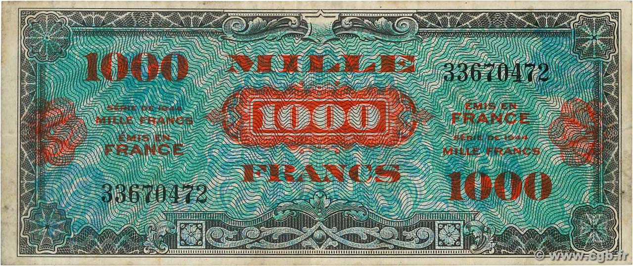 1000 Francs DRAPEAU  FRANCE  1944 VF.22.01 VF