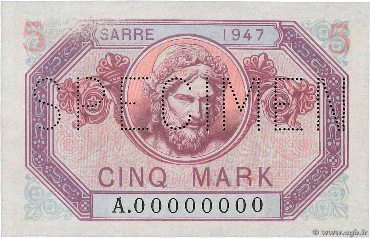 5 Mark SARRE Spécimen FRANCE  1947 VF.46.00Sp UNC-