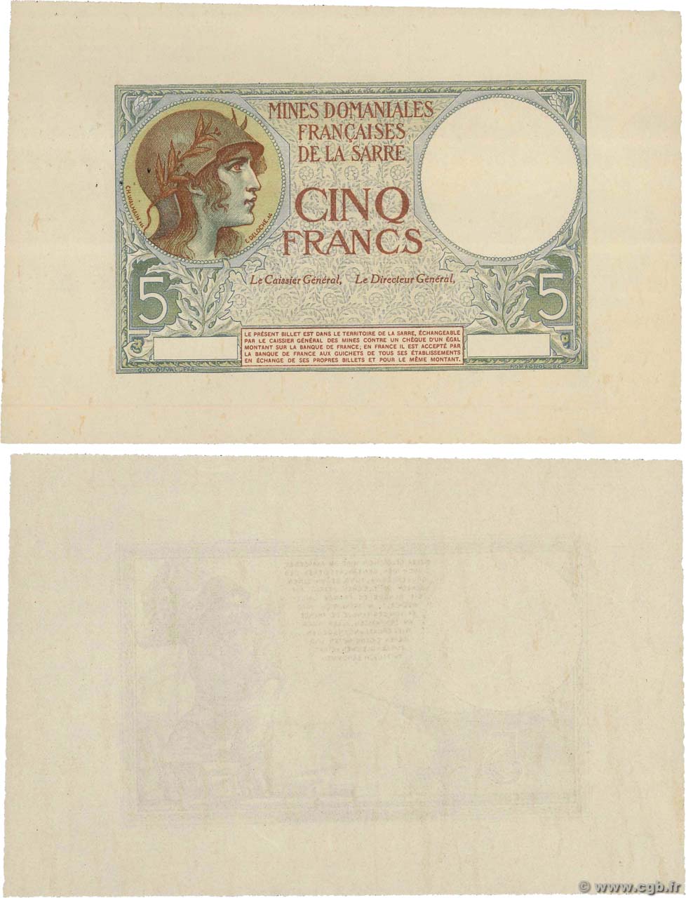 5 Francs MINES DOMANIALES DE LA SARRE Épreuve FRANCE  1919 VF.52.00Ed NEUF