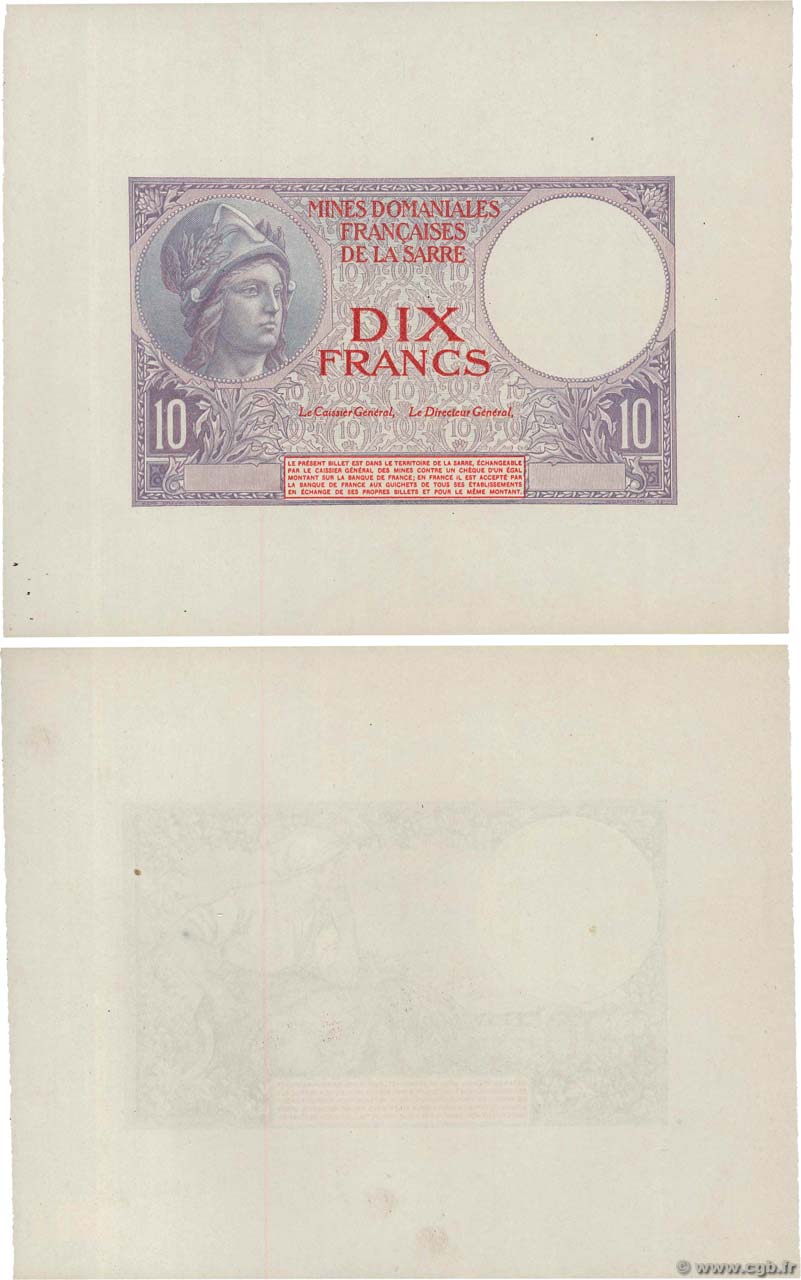 10 Francs MINES DOMANIALES DE LA SARRE Épreuve FRANCIA  1920 VF.53.00Ed FDC