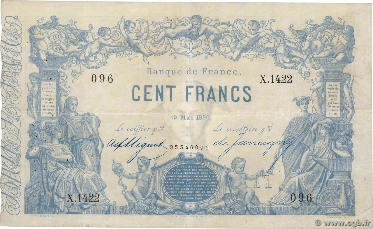 100 Francs type 1862 - Bleu à indices Noirs FRANCIA  1880 F.A39.16 q.BB
