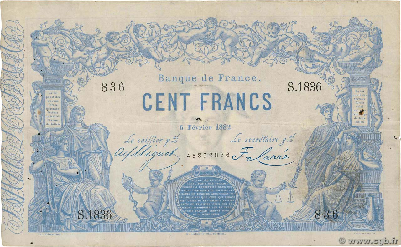 100 Francs type 1862 - Bleu à indices Noirs FRANCIA  1882 F.A39.18 BC+