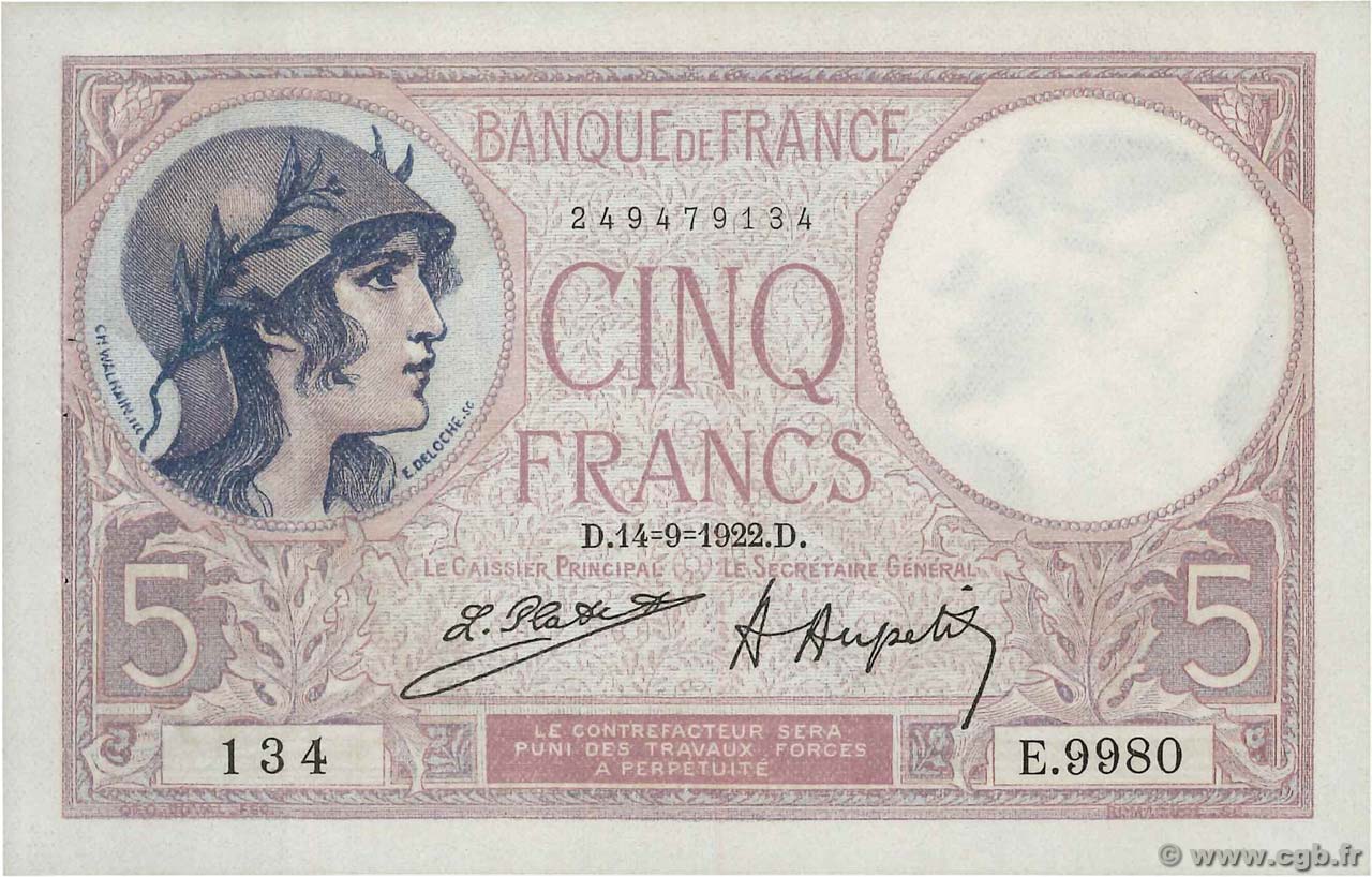 5 Francs FEMME CASQUÉE FRANKREICH  1922 F.03.06 fST