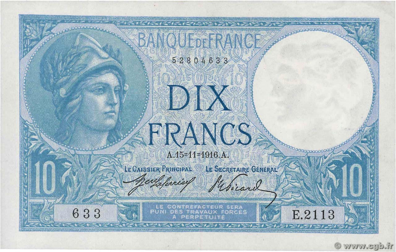 10 Francs MINERVE FRANCE  1916 F.06.01 SUP