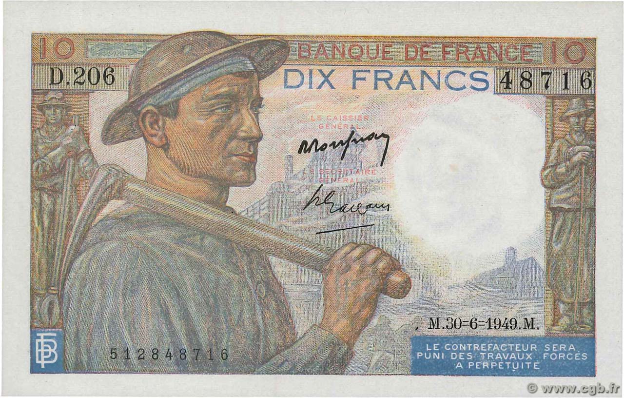 10 Francs MINEUR FRANCIA  1949 F.08.22a FDC