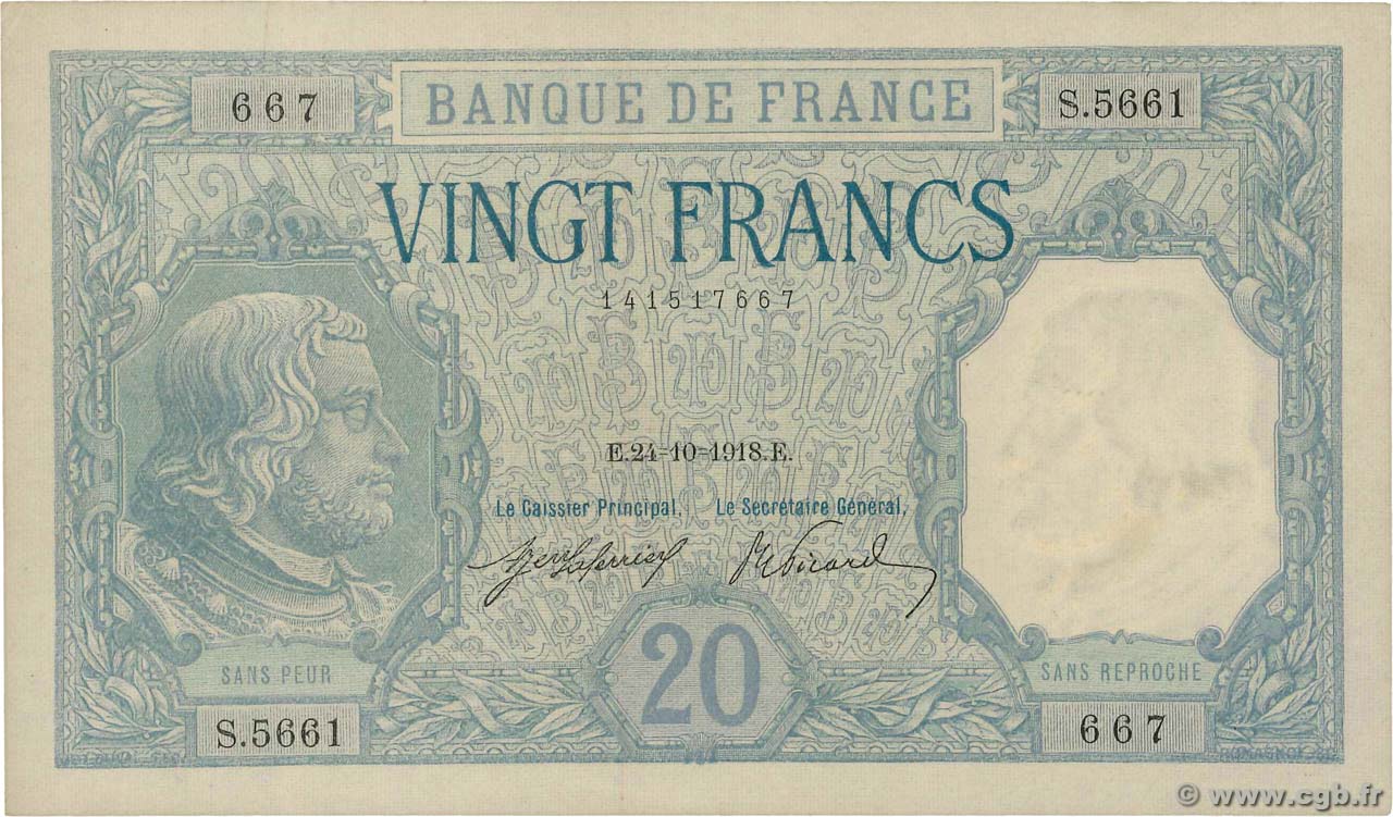 20 Francs BAYARD FRANKREICH  1918 F.11.03 fST+