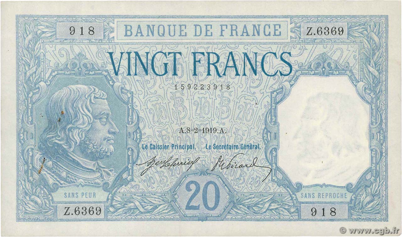 20 Francs BAYARD FRANKREICH  1919 F.11.04 VZ+
