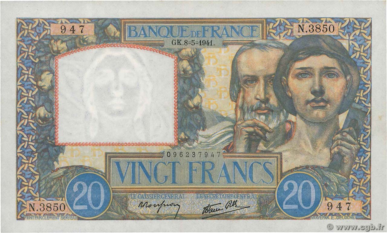 20 Francs TRAVAIL ET SCIENCE FRANCE  1941 F.12.14 UNC-