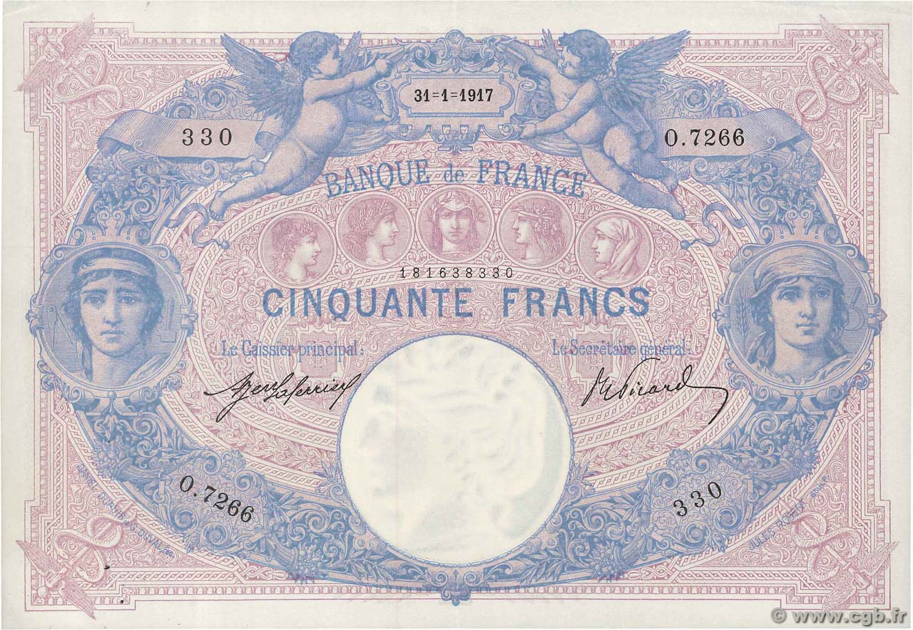 50 Francs BLEU ET ROSE FRANCE  1917 F.14.30 SUP+