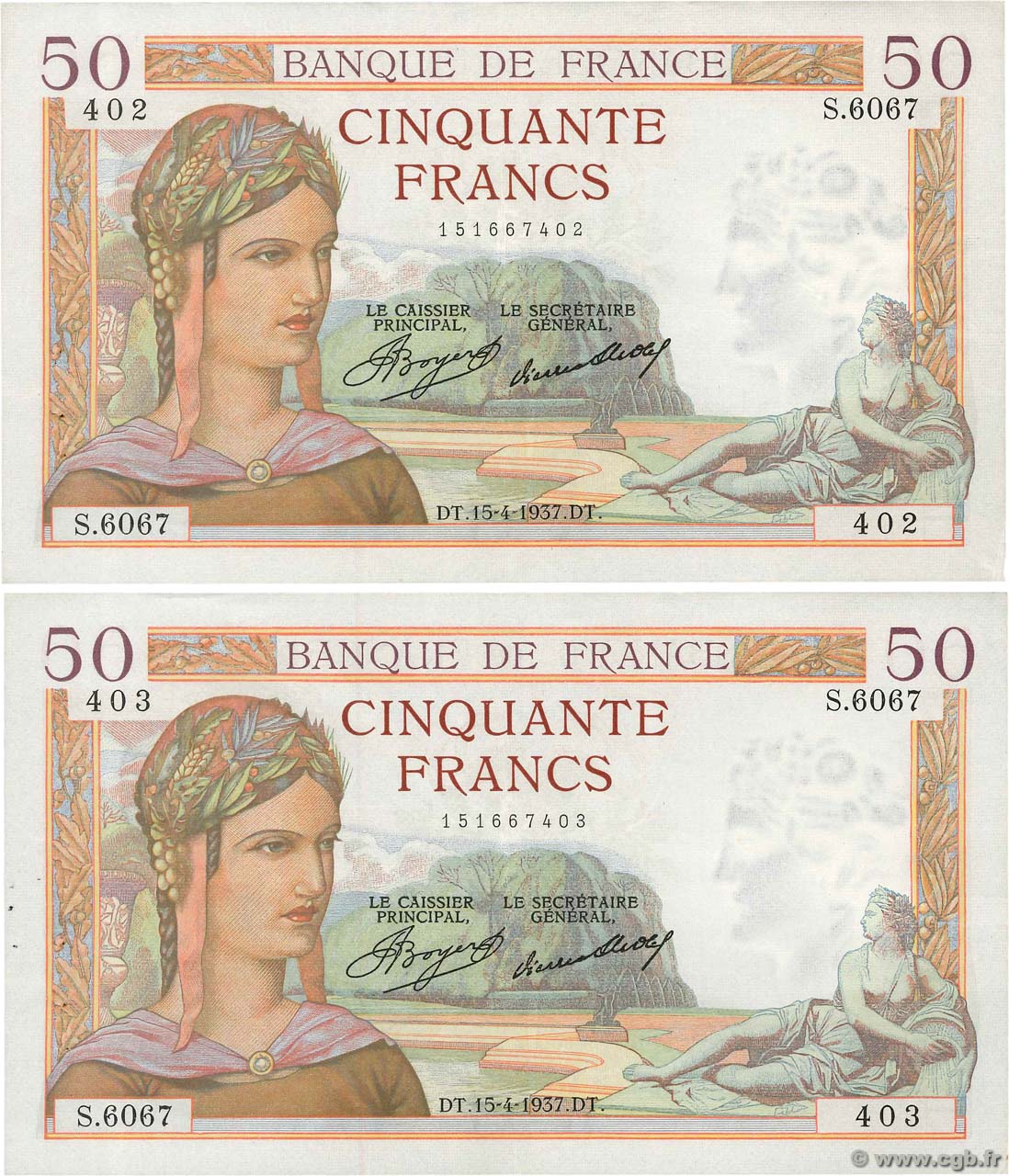 50 Francs CÉRÈS Consécutifs FRANCE  1937 F.17.37 TTB+