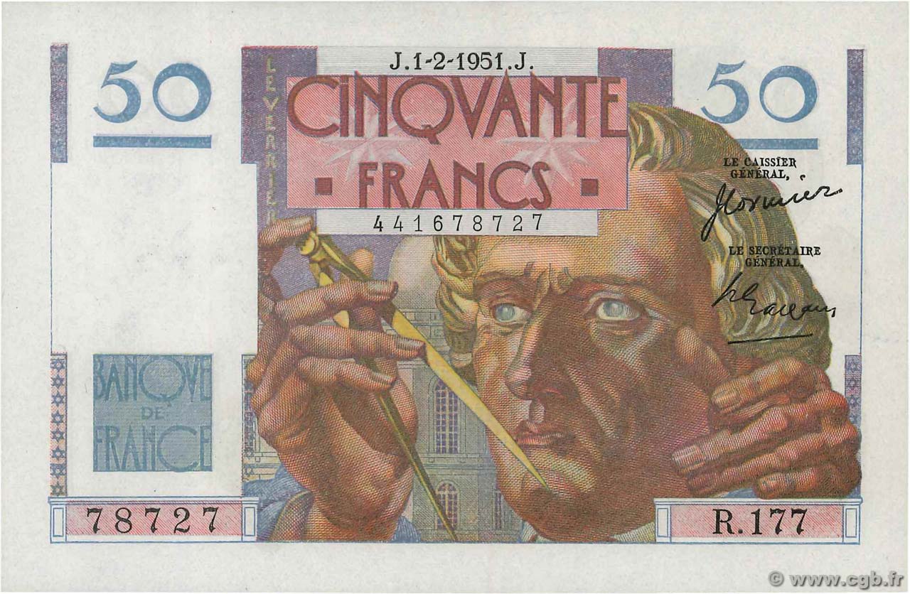50 Francs LE VERRIER FRANCE  1951 F.20.17 UNC