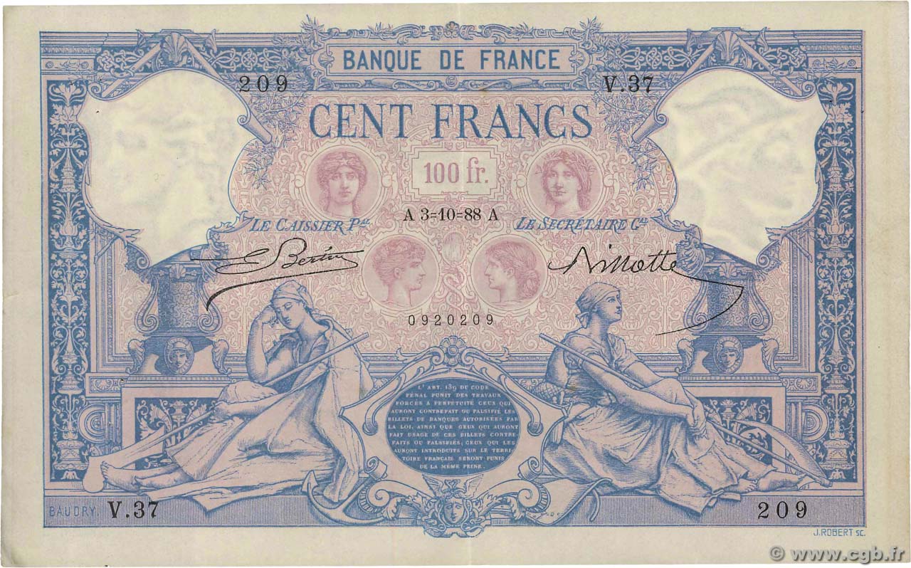 100 Francs BLEU ET ROSE FRANCIA  1888 F.21.01 MBC+