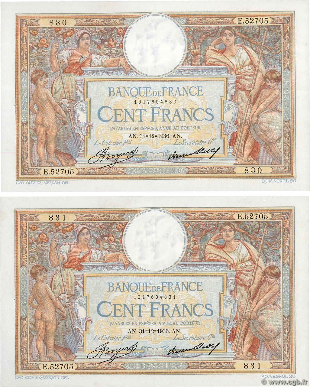 100 Francs LUC OLIVIER MERSON grands cartouches Consécutifs FRANCIA  1936 F.24.15 SPL+