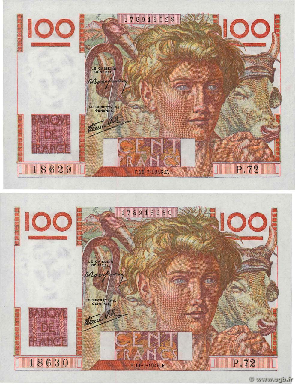 100 Francs JEUNE PAYSAN Consécutifs FRANCIA  1946 F.28.06 SC+