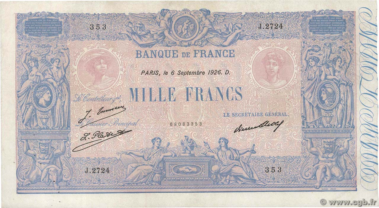 1000 Francs BLEU ET ROSE FRANCE  1926 F.36.43 TTB