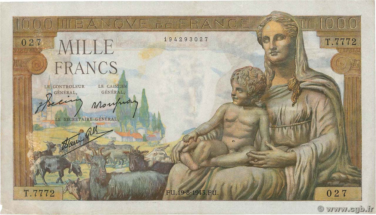 1000 Francs DÉESSE DÉMÉTER FRANCE  1943 F.40.33 VF-