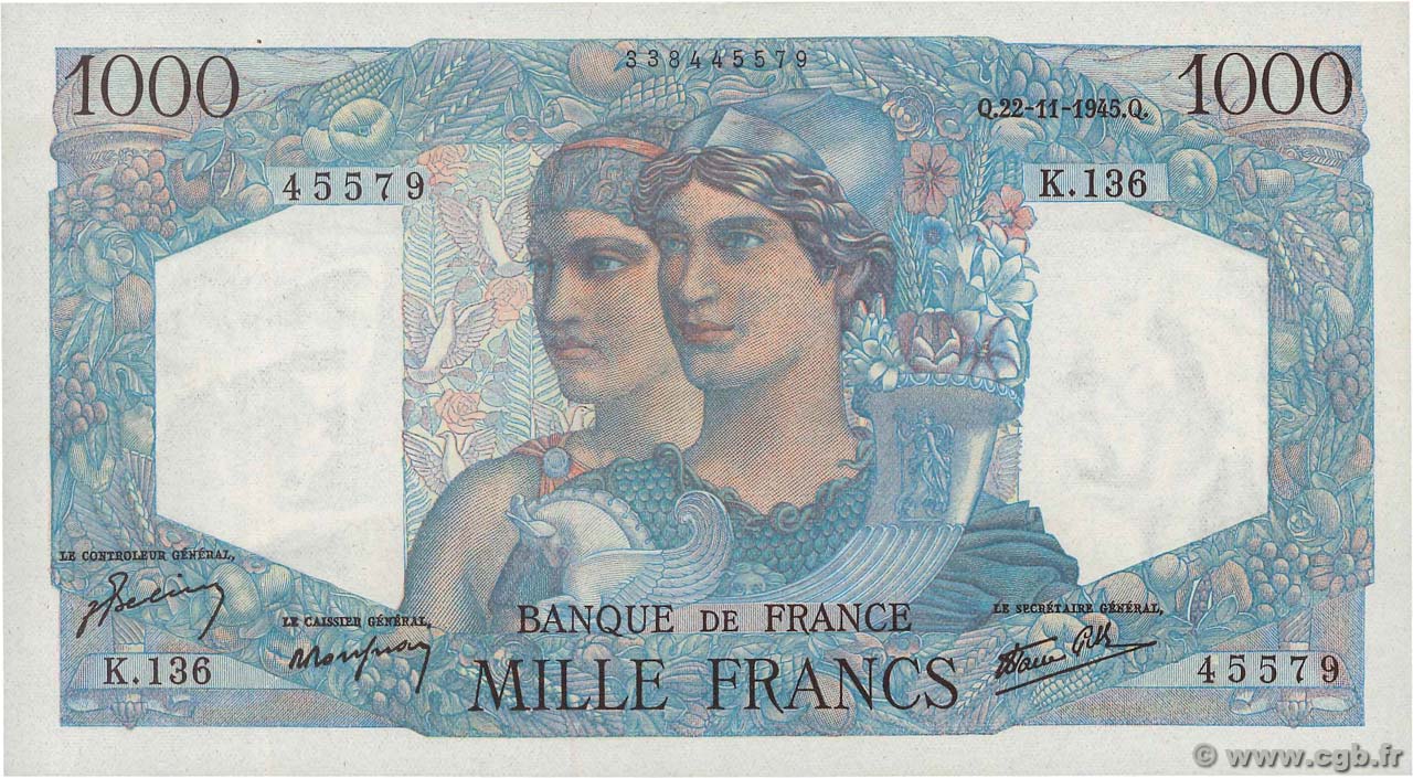 1000 Francs MINERVE ET HERCULE FRANCE  1945 F.41.08 SPL