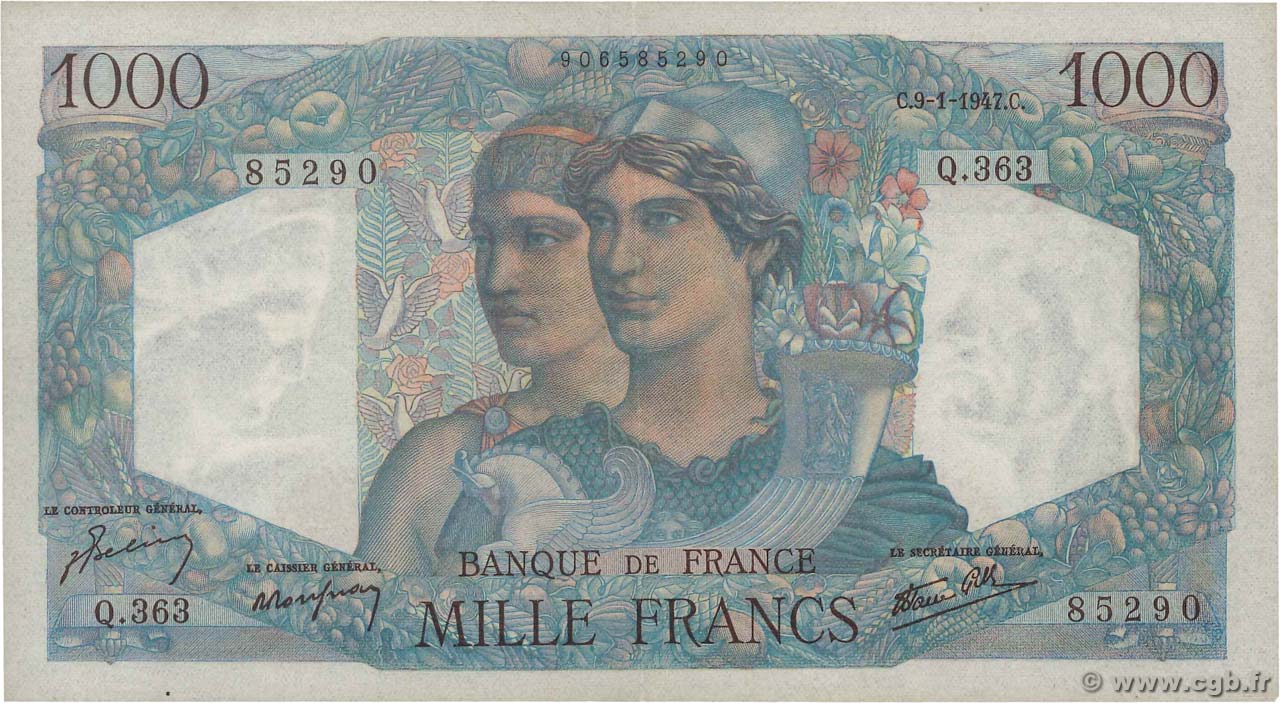 1000 Francs MINERVE ET HERCULE FRANCE  1947 F.41.18 pr.SPL