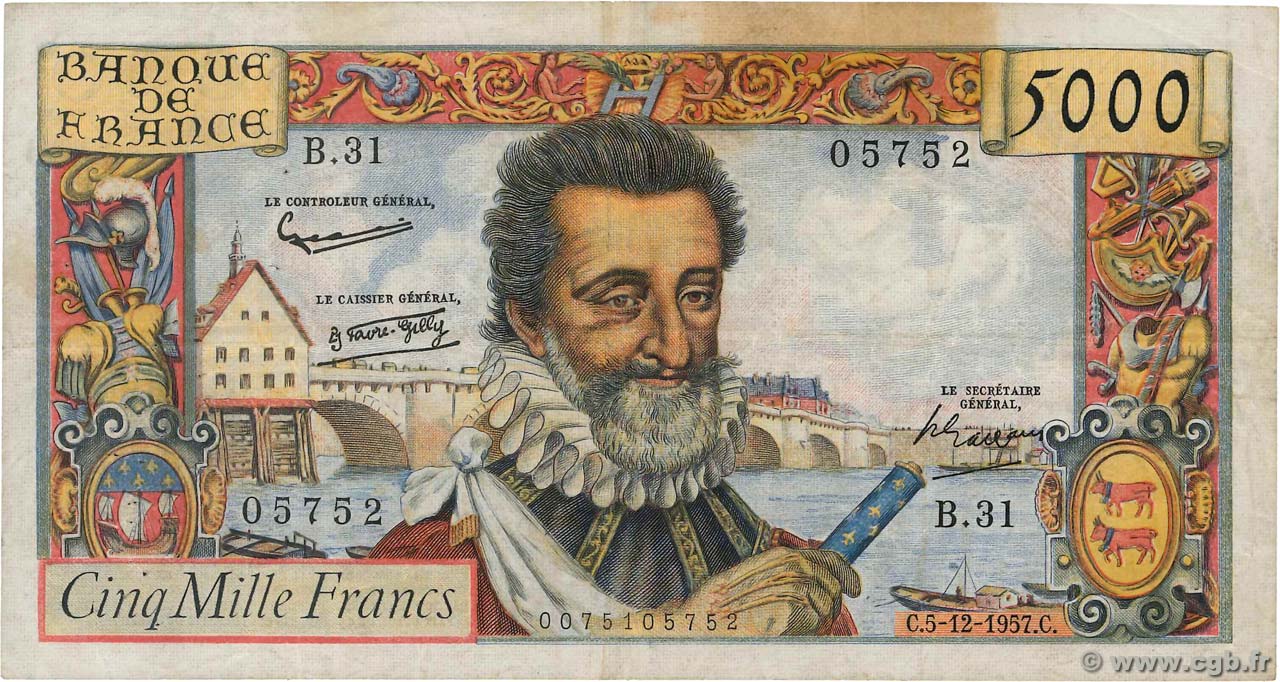 5000 Francs HENRI IV FRANCIA  1957 F.49.04 BC