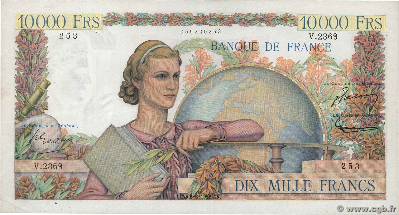 10000 Francs GÉNIE FRANÇAIS FRANKREICH  1952 F.50.57 SS