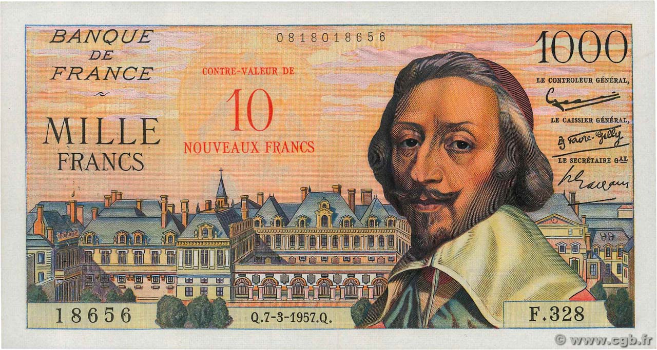 10 NF sur 1000 Francs RICHELIEU FRANCE  1957 f.53.01 AU