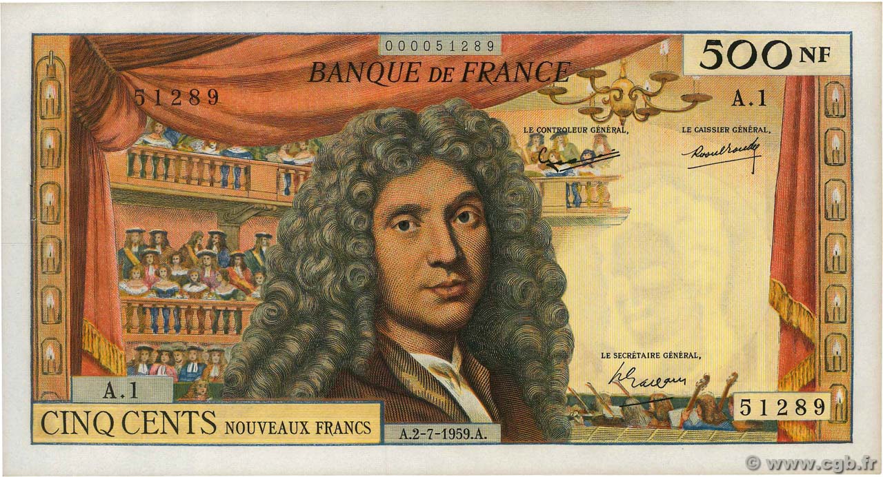 500 Nouveaux Francs MOLIÈRE Petit numéro FRANCIA  1959 F.60.01 q.AU