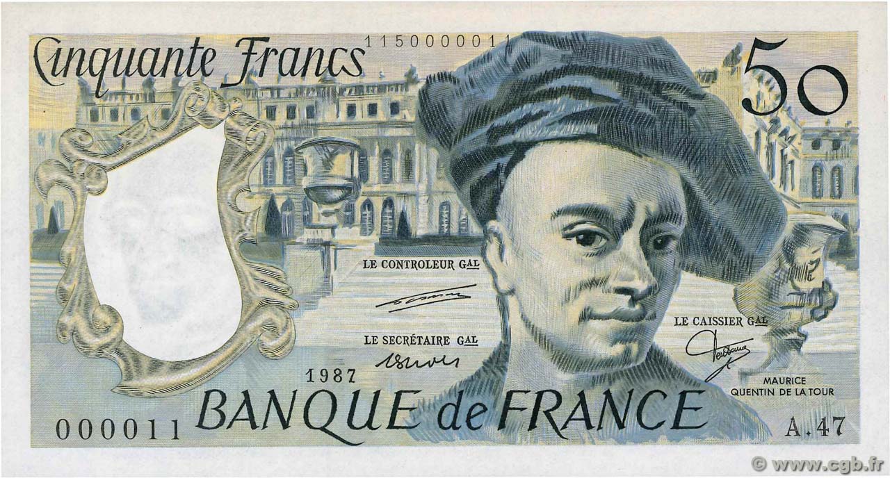 50 Francs QUENTIN DE LA TOUR Petit numéro FRANCIA  1987 F.67.13A47 FDC