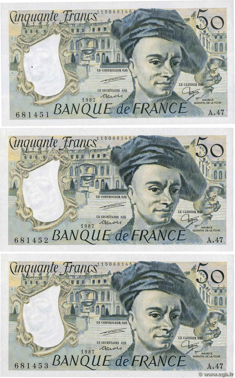 50 Francs QUENTIN DE LA TOUR Consécutifs FRANCE  1987 F.67.13A47 UNC-