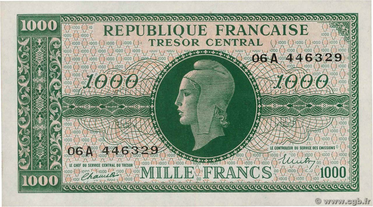 1000 Francs MARIANNE BANQUE D ANGLETERRE FRANCIA  1945 VF.12.01 FDC