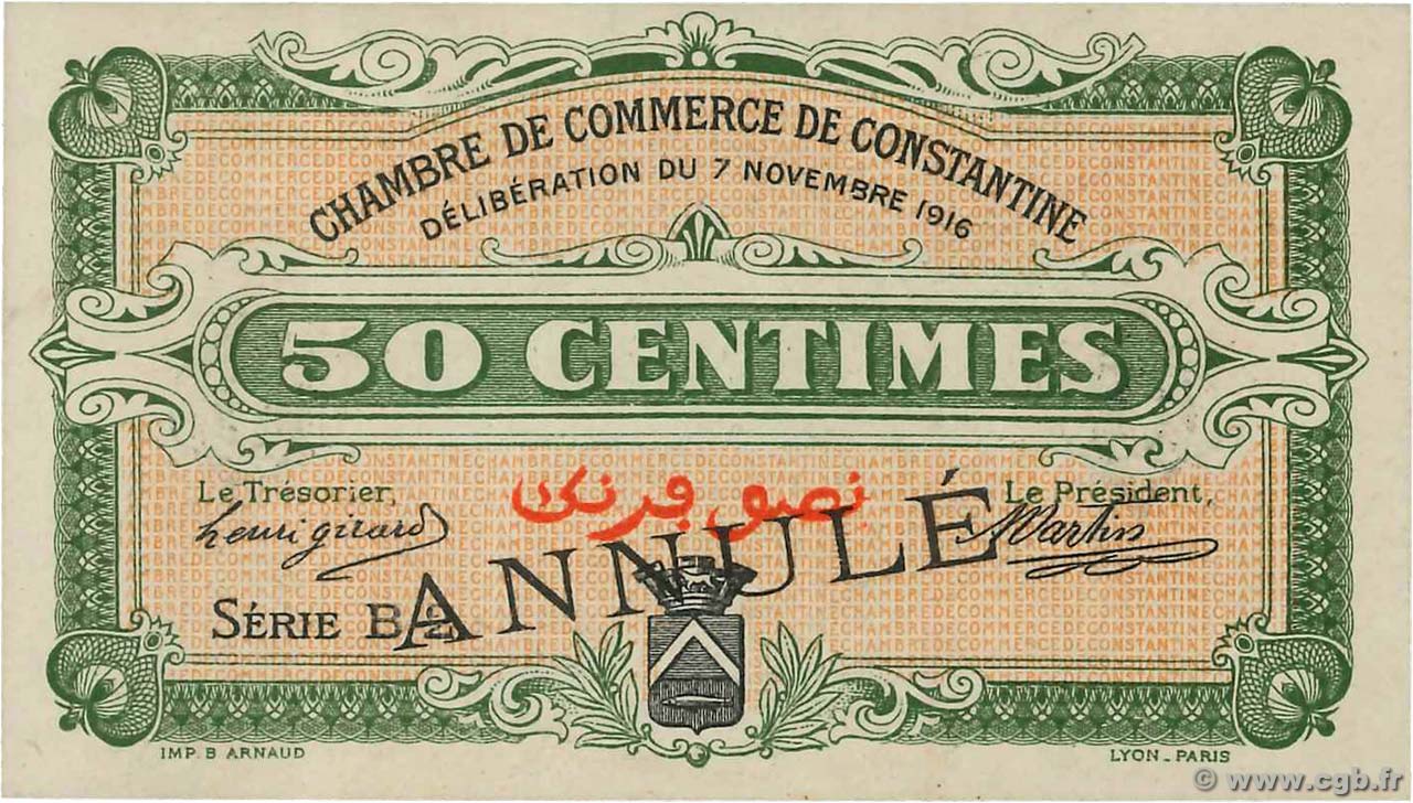 50 Centimes Annulé ALGERIEN Constantine 1916 JP.140.07 fST+