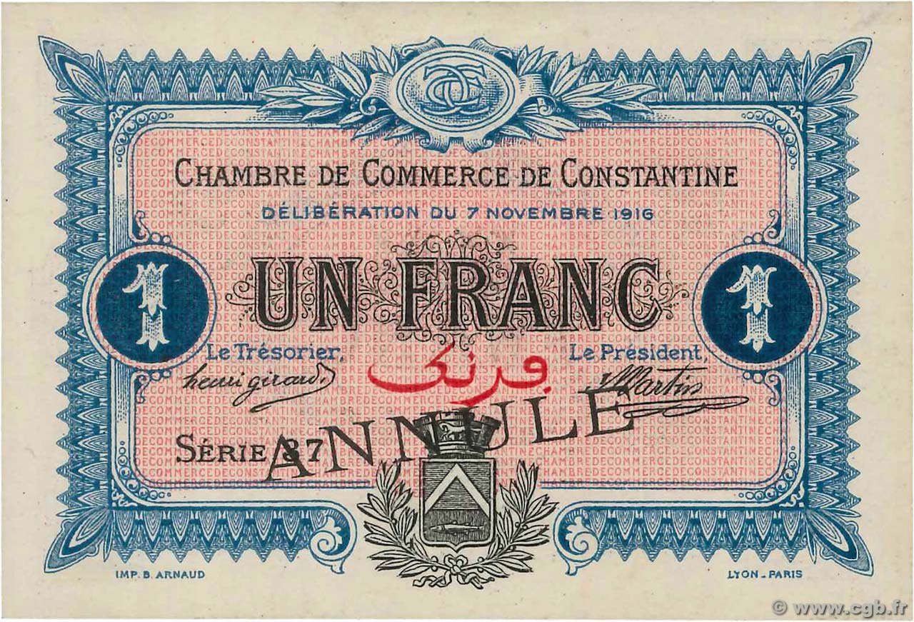 1 Franc Annulé ALGERIA Constantine 1916 JP.140.11 UNC-