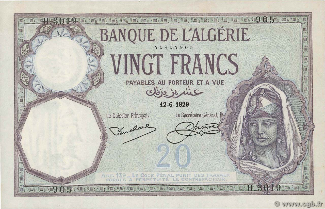 20 Francs ALGERIA  1929 P.078b AU