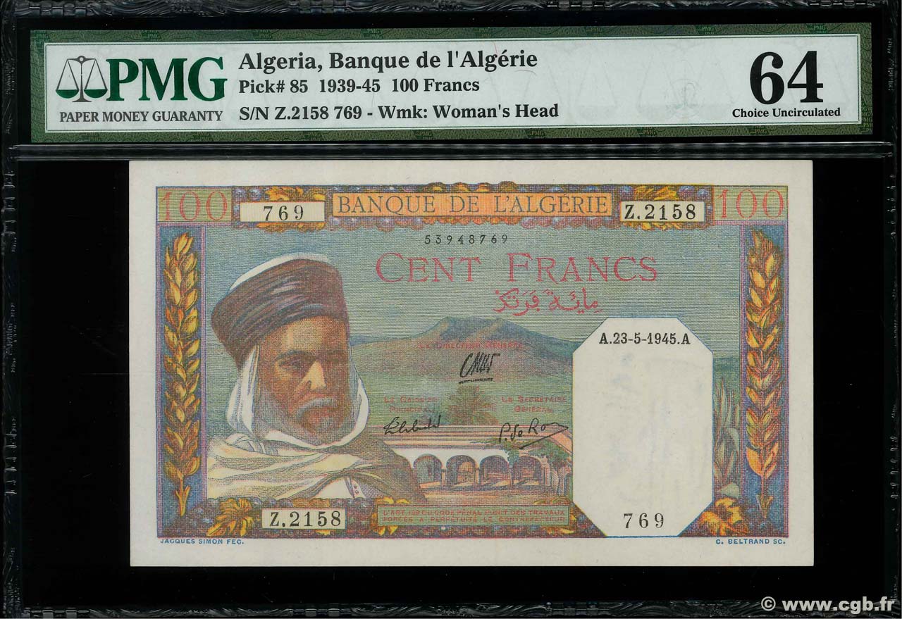100 Francs ALGÉRIE  1945 P.085 pr.NEUF