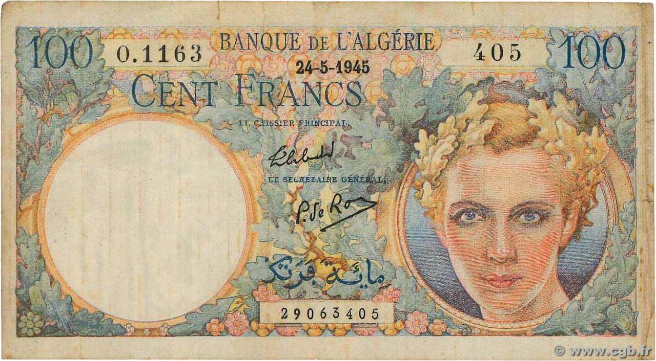 100 Francs Starfel Non émis ARGELIA  1945 P.115 RC+