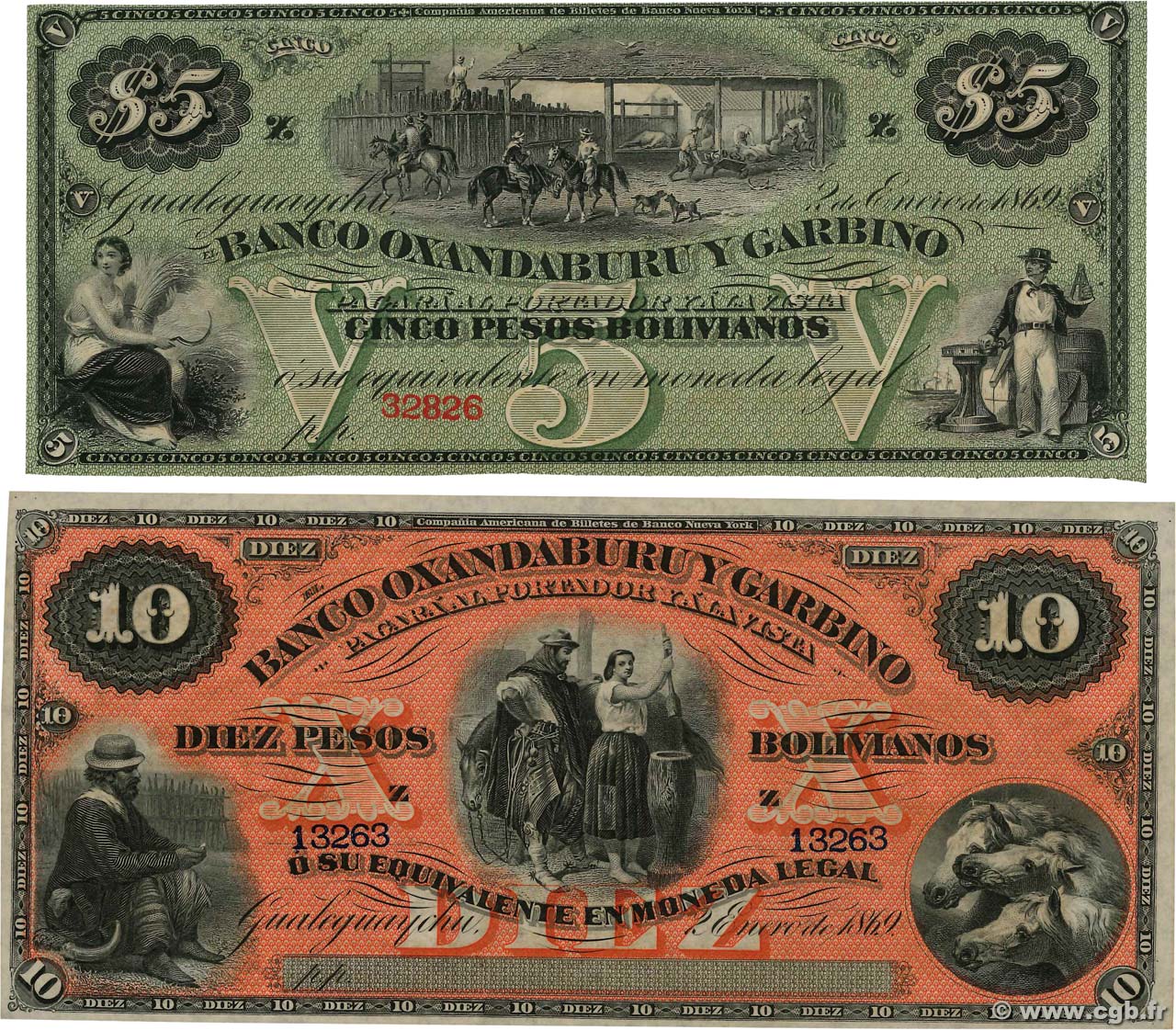 5 et 10 Pesos Bolivianos Lot ARGENTINA  1869 PS.1783r et PS.1784r UNC