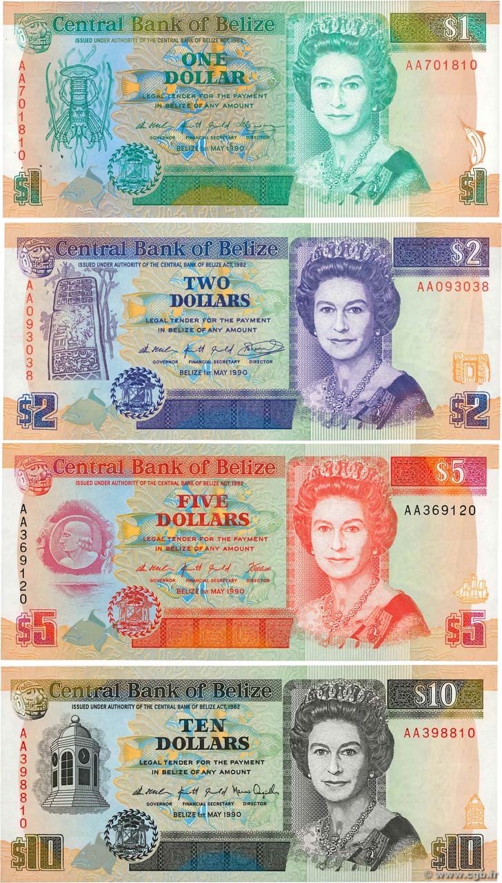 1, 2, 5 et 10 Dollars Lot BELIZE  1990 P.51, P.52a, P.53a et P.54a NEUF
