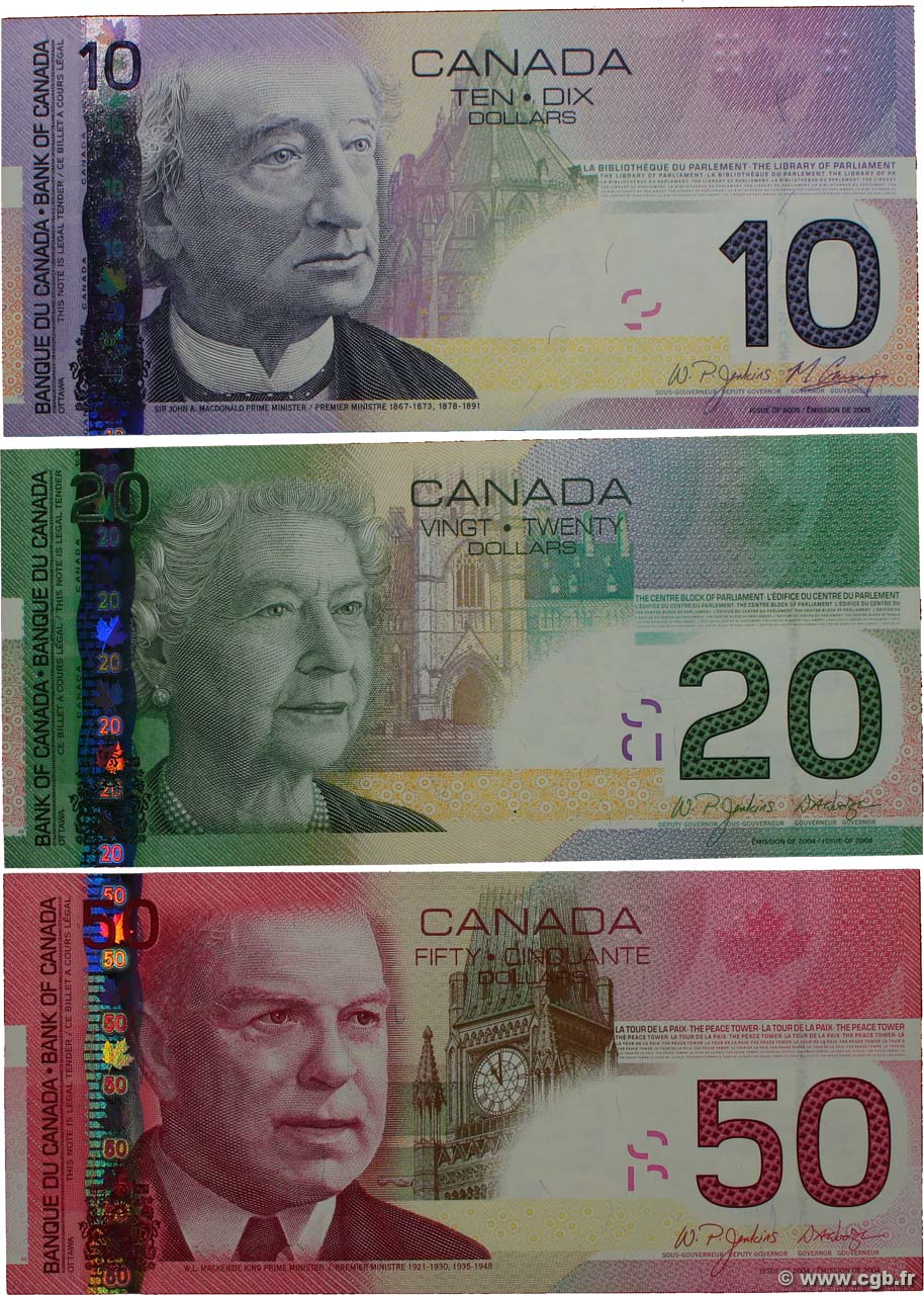 10, 20 et 50 Dollars Lot CANADA  2005 P.102Ad, P.103b et P.104b NEUF