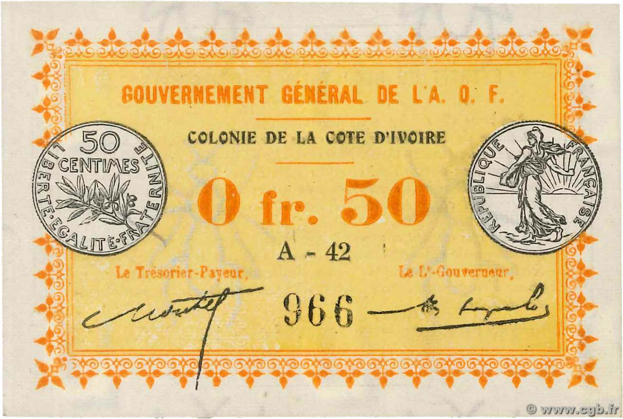 50 Centimes IVORY COAST  1917 P.01b UNC