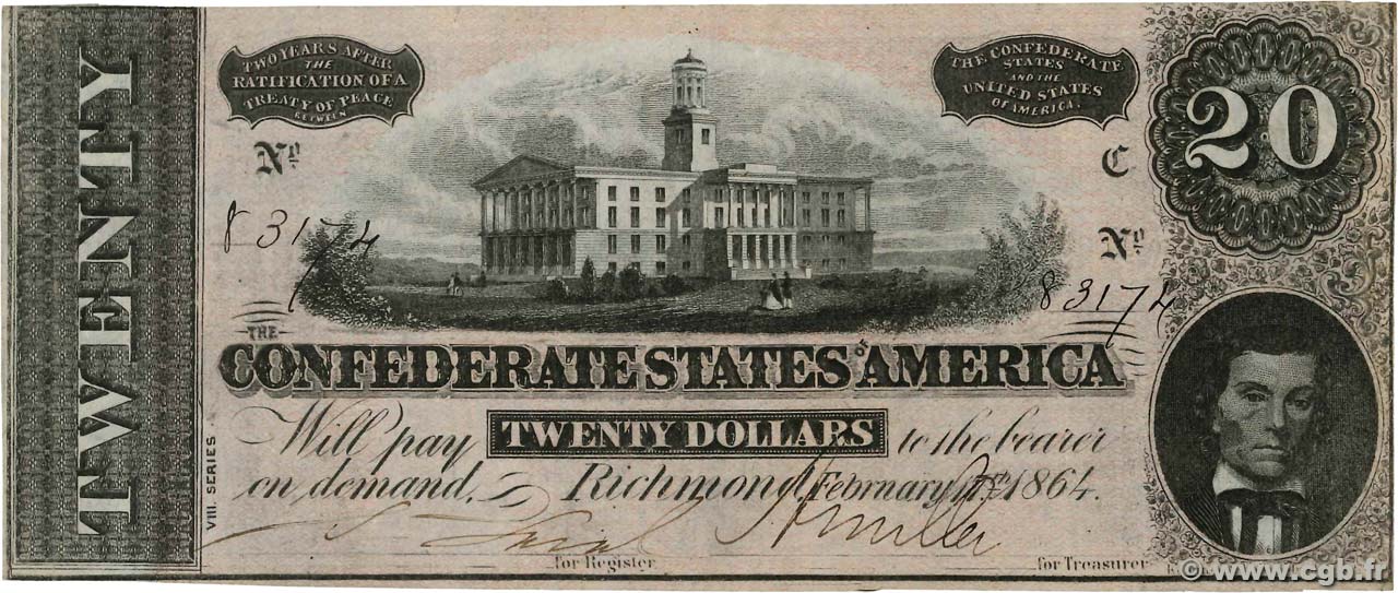 20 Dollars Гражданская война в США Richmond 1864 P.69 VF