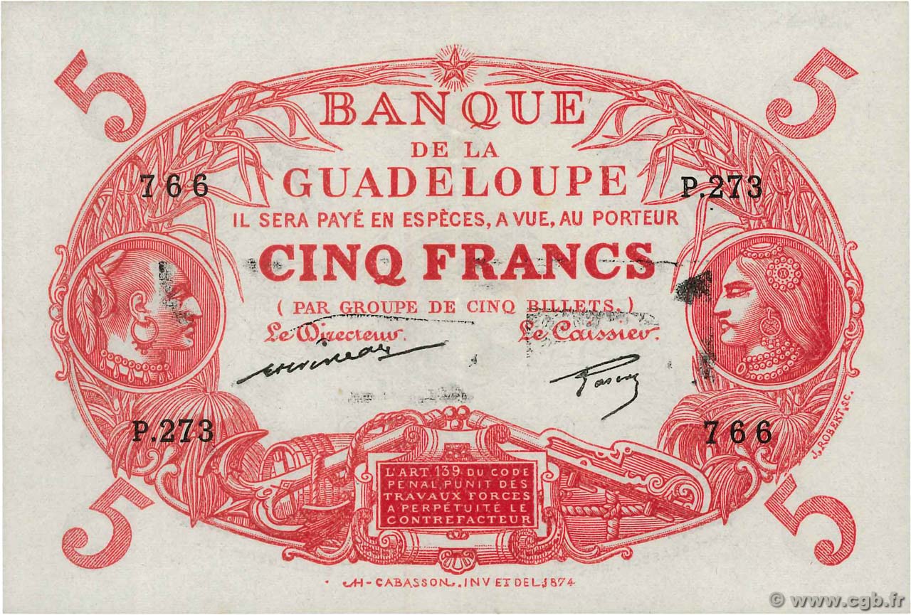 5 Francs Cabasson rouge GUADELOUPE  1943 P.07c fST