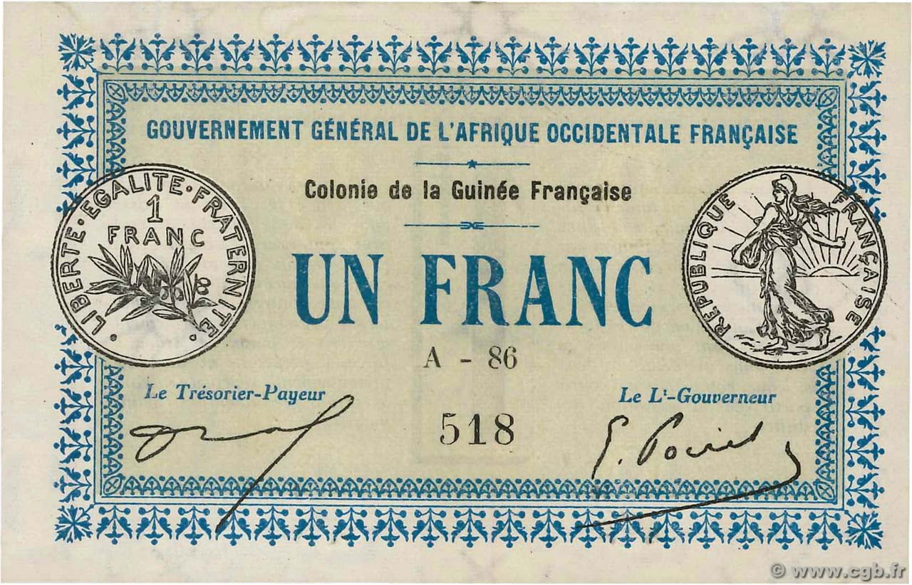 1 Franc GUINÉE  1917 P.02a SPL