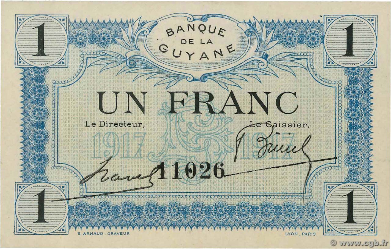 1 Franc FRENCH GUIANA  1917 P.05 AU+