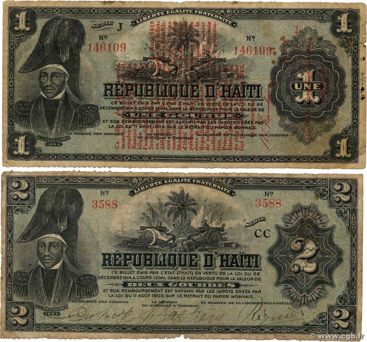 1 et 2 Gourdes Lot HAITI  1919 P.132a et P.140a G